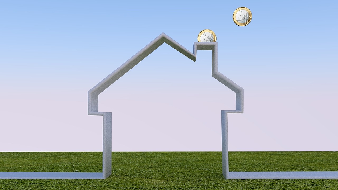Umrisse eines Hauses, die auf einem grünen Grasboden stehen. Aus dem angedeuteten Schornstein fliegen Euromünzen. Das Bild symbolisiert Energieeffizient und Nachhaltigkeit.